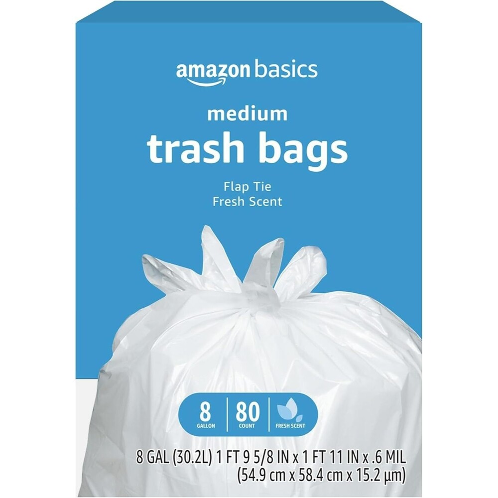 Amazon Basics 8 Gallon Flap Tie Trash Bags Fresh Scent 80 Count White